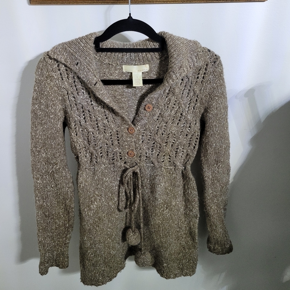 Kaisely Open Knit 1/2 Button Brown Marled Cardigan Sweater w/ Belt, Size S